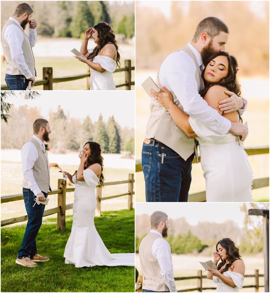 Snohomish Wedding Photographer GSquared Weddings A bride and groom stand in Machias, exchanging vows near a wooden fence. The bride wears a white off-the-shoulder dress, while the groom sports a white shirt with a beige vest. They embrace under the open sky, emotion evident in their eyes amid fields and trees. Serving Seattle, Snohomish and Washington State