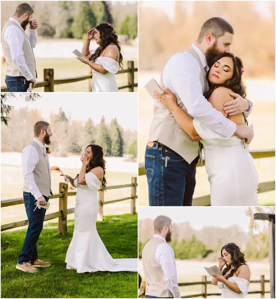 Snohomish Wedding Photographer GSquared Weddings A bride and groom stand in Machias, exchanging vows near a wooden fence. The bride wears a white off-the-shoulder dress, while the groom sports a white shirt with a beige vest. They embrace under the open sky, emotion evident in their eyes amid fields and trees. Serving Seattle, Snohomish and Washington State