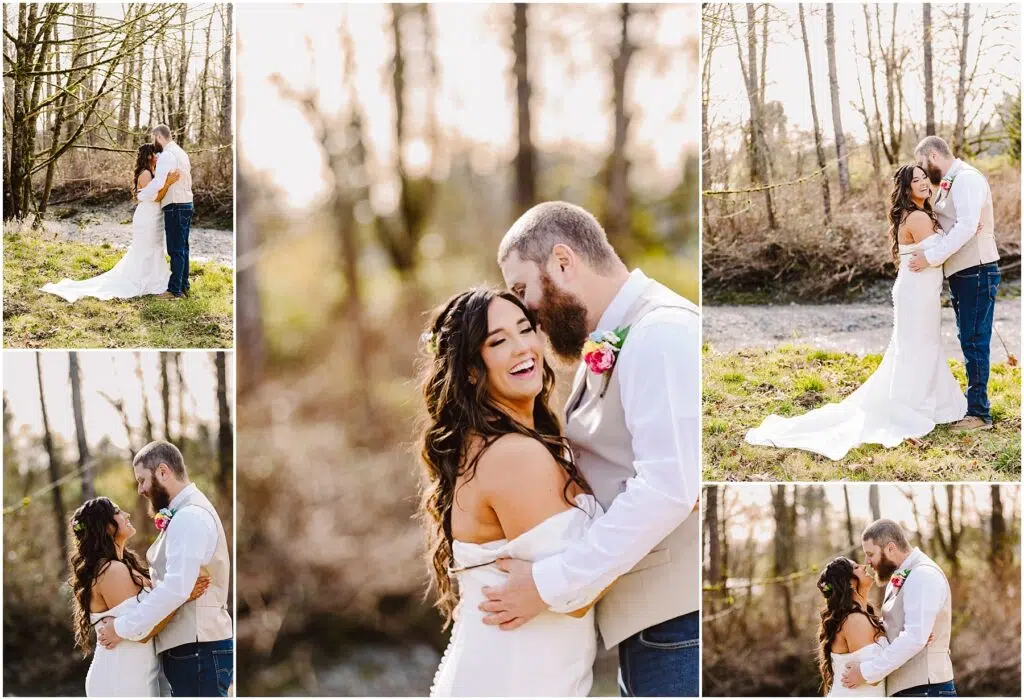 Snohomish Wedding Photographer GSquared Weddings A collage of a couple in wedding attire embracing by a stream near the Machias woods. The bride wears a long white dress, while the groom is in jeans and a vest. Sunlight filters through the trees, casting a warm, romantic glow on this serene setting. Serving Seattle, Snohomish and Washington State