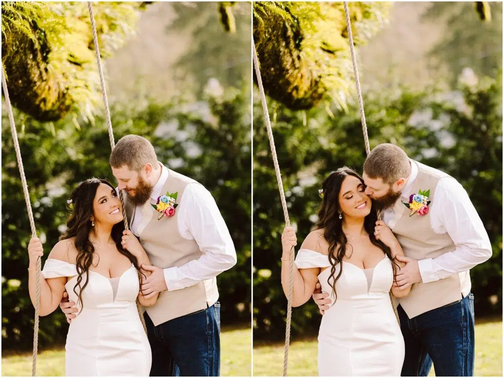 Snohomish Wedding Photographer GSquared Weddings In the serene ambience akin to Machias, a couple embraces lovingly on a swing under a tree. The woman, in a white off-shoulder dress, smiles as the man in a light vest and white shirt kisses her head amidst lush greenery and sunlight. Serving Seattle, Snohomish and Washington State
