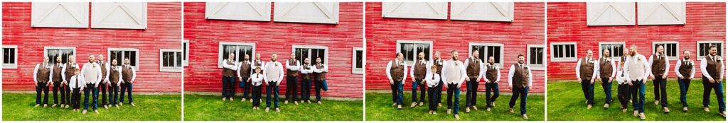 Snohomish Wedding Photographer GSquared Weddings A four-panel sequence captures the essence of Machias, showcasing men in front of a red barn with white windows. They wear jeans, white shirts, some with ties, and brown vests. Each panel slightly shifts their positions and gestures on the lush grassy lawn. Serving Seattle, Snohomish and Washington State