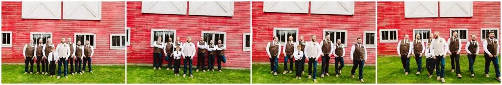 Snohomish Wedding Photographer GSquared Weddings A four-panel sequence captures the essence of Machias, showcasing men in front of a red barn with white windows. They wear jeans, white shirts, some with ties, and brown vests. Each panel slightly shifts their positions and gestures on the lush grassy lawn. Serving Seattle, Snohomish and Washington State