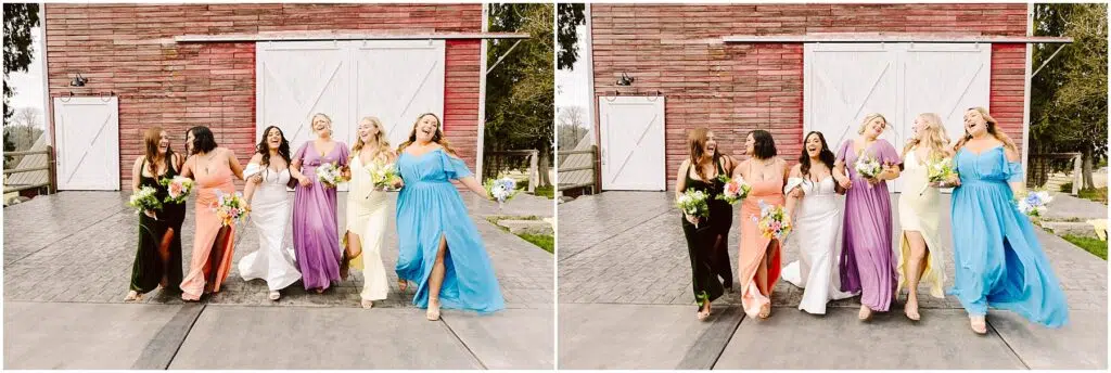 Snohomish Wedding Photographer GSquared Weddings Five women in colorful dresses stroll together, smiling and holding bouquets. They pose in front of a red wooden barn with white sliding doors—a charming scene reminiscent of Machias. The paved ground underfoot contrasts with the green trees and an overcast sky as their backdrop. Serving Seattle, Snohomish and Washington State