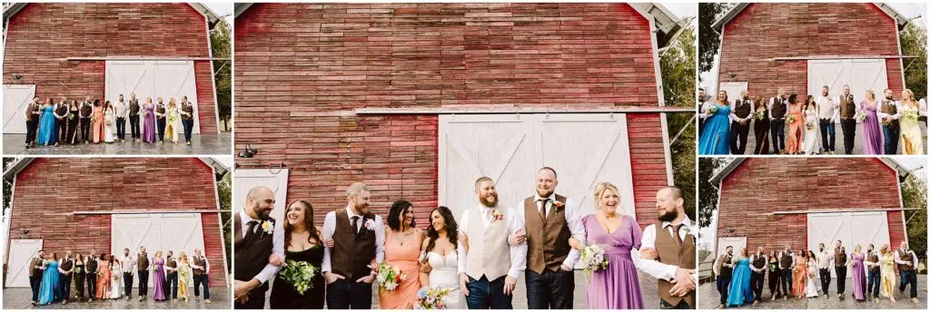 Snohomish Wedding Photographer GSquared Weddings A wedding party in Machias poses in front of a rustic red barn with a white sliding door. The group, dressed in formal attire with colorful dresses and suits, stands smiling and laughing. Several group shots are combined into one collage. Serving Seattle, Snohomish and Washington State