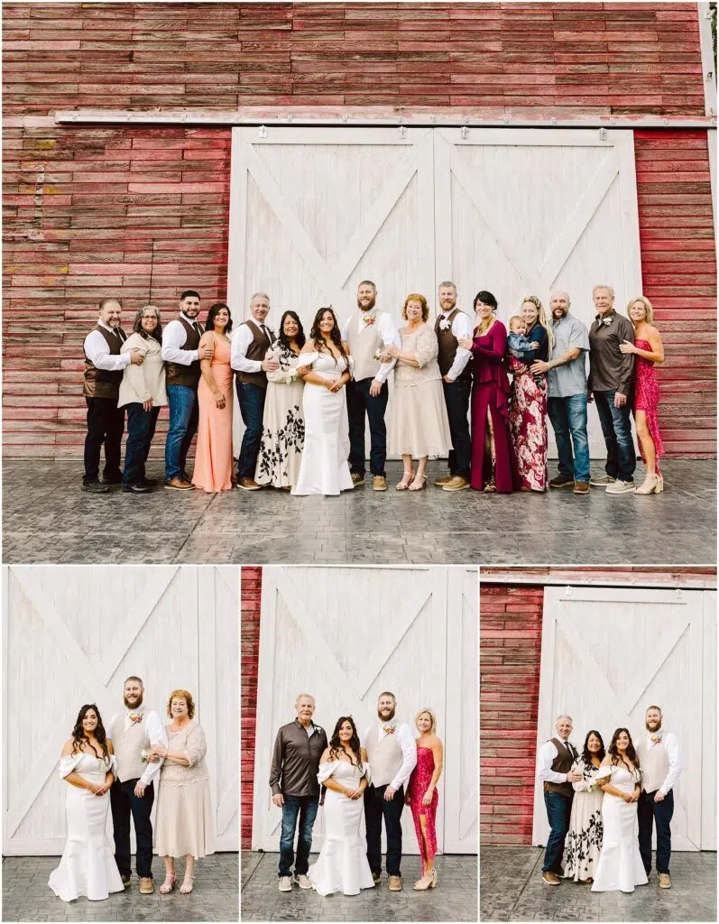 Snohomish Wedding Photographer GSquared Weddings A group of people stand in front of a large red barn with white sliding doors, reminiscent of the charming rustic vibes often found in Machias. Arranged in rows, they pose for photos, capturing the essence of a joyful family gathering. Serving Seattle, Snohomish and Washington State