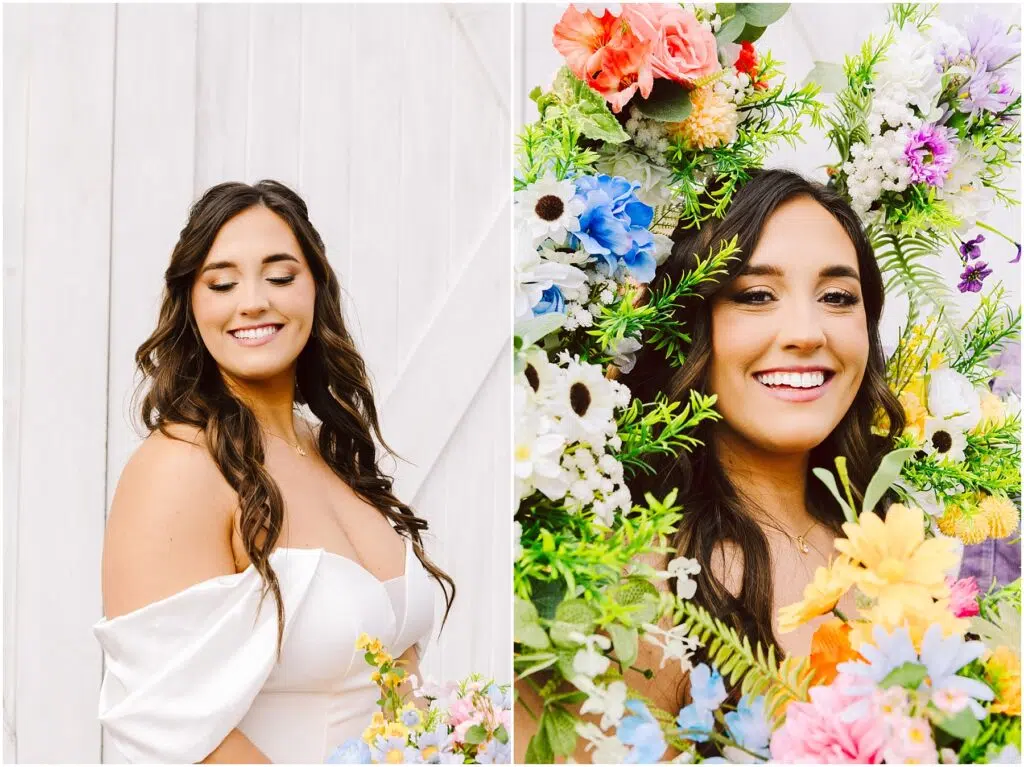 Snohomish Wedding Photographer GSquared Weddings Left image: A woman in an off-shoulder white dress smiles with closed eyes against a white wooden backdrop. Right image: The same woman, now in Machias, smiles broadly, framed by a vibrant floral arrangement. Serving Seattle, Snohomish and Washington State
