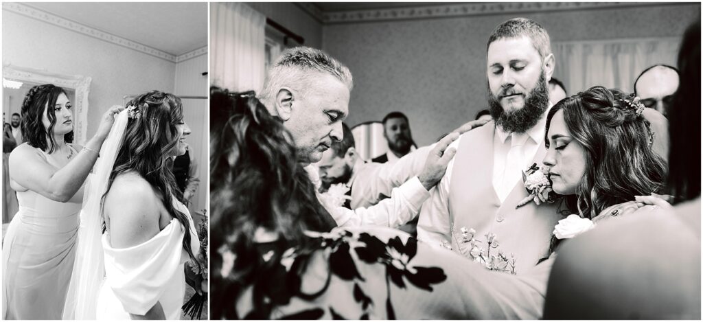Snohomish Wedding Photographer GSquared Weddings Two black-and-white images: In Machias, a woman adjusts the hair of another in a wedding dress. In the second image, a group, including the bride and groom, bows their heads in prayer as an older man touches the grooms shoulder. Serving Seattle, Snohomish and Washington State