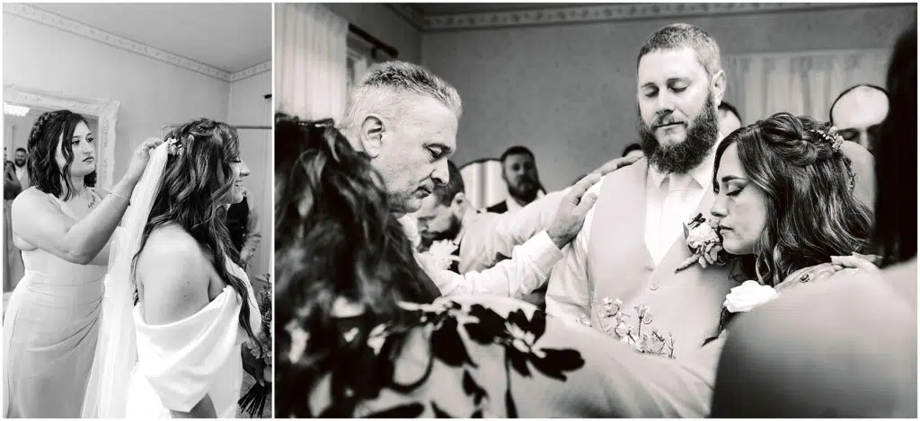 Snohomish Wedding Photographer GSquared Weddings Two black-and-white images: In Machias, a woman adjusts the hair of another in a wedding dress. In the second image, a group, including the bride and groom, bows their heads in prayer as an older man touches the grooms shoulder. Serving Seattle, Snohomish and Washington State
