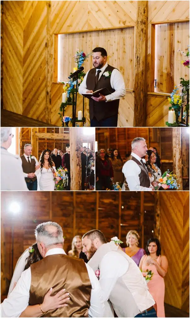 Snohomish Wedding Photographer GSquared Weddings At a charming venue in Machias, a groom reads his vows from a book on a wooden stage while the bride and guests listen attentively. In another moment, the brides father hugs the groom warmly. Bridesmaids stand in the background holding bouquets, adding to the heartfelt ceremony. Serving Seattle, Snohomish and Washington State