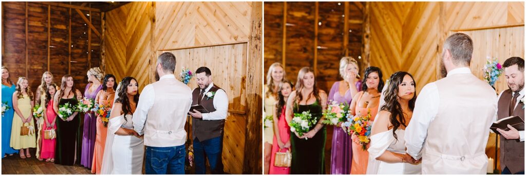 Snohomish Wedding Photographer GSquared Weddings During a ceremony in a rustic wooden venue near Machias, the bride holds a colorful bouquet as the groom, in a white shirt and vest, faces her. Bridesmaids in various dresses stand behind them, and an officiant reads from a book. Serving Seattle, Snohomish and Washington State