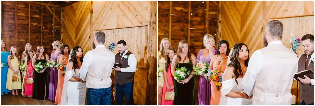 Snohomish Wedding Photographer GSquared Weddings During a ceremony in a rustic wooden venue near Machias, the bride holds a colorful bouquet as the groom, in a white shirt and vest, faces her. Bridesmaids in various dresses stand behind them, and an officiant reads from a book. Serving Seattle, Snohomish and Washington State