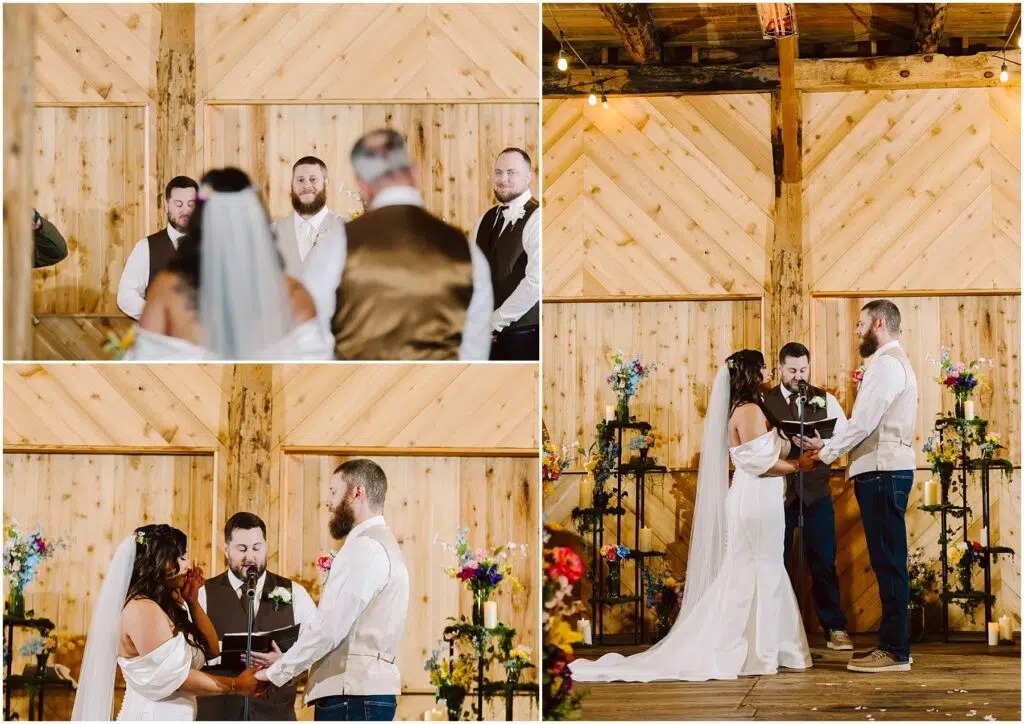 Snohomish Wedding Photographer GSquared Weddings Bride and groom stand facing each other at the altar in a charming wooden barn near Machias, with the officiant speaking. They are surrounded by colorful floral arrangements. Both are wearing white attire. Serving Seattle, Snohomish and Washington State