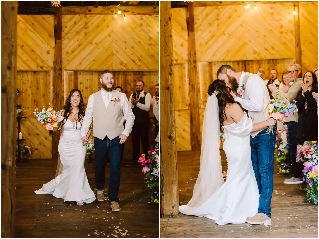 Snohomish Wedding Photographer GSquared Weddings A newlywed couple, glowing with joy, walks hand in hand down the aisle in a charming Machias setting. The brides white dress and bouquet radiate elegance. In the next image, they share a kiss surrounded by cheering guests, flower decorations enhancing the warm wooden venue. Serving Seattle, Snohomish and Washington State