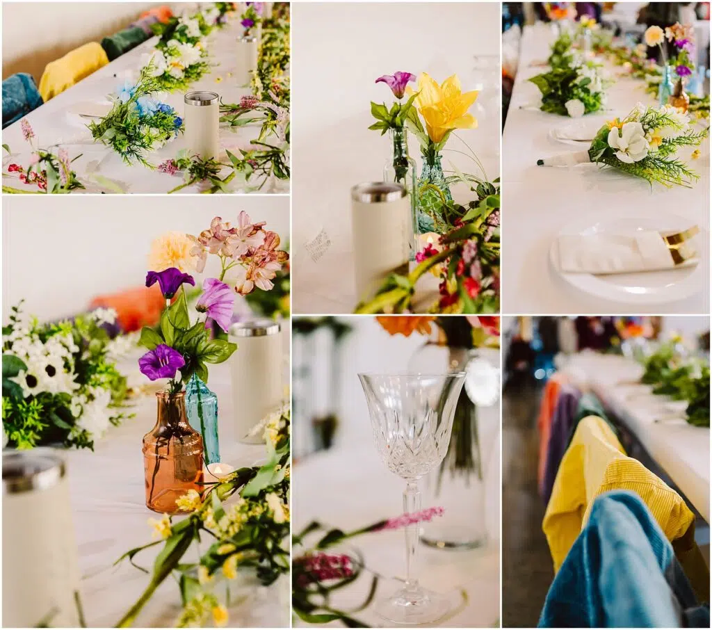 Snohomish Wedding Photographer GSquared Weddings A collage of six images showcases a Machias-inspired table, adorned with colorful flowers in vases, a crystal wine glass, and neatly folded napkins. Each image highlights distinct floral arrangements and tableware on a crisp white tablecloth. Serving Seattle, Snohomish and Washington State