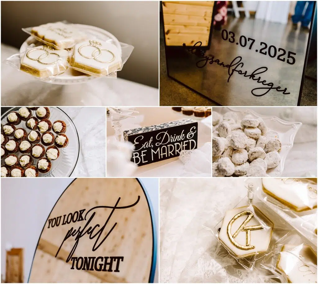 Snohomish Wedding Photographer GSquared Weddings A collage of wedding-themed items, featuring cookies shaped like rings and a monogram K, decorative signs with phrases like You look perfect tonight, a Machias date display, and a tray of chocolate desserts. Serving Seattle, Snohomish and Washington State
