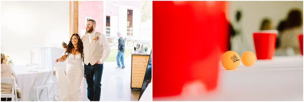 Snohomish Wedding Photographer GSquared Weddings A smiling couple, with the woman in a white dress and the man in a beige vest, enter a bright Machias-style space. Red cups and an orange ping pong ball are on a table in the foreground. Serving Seattle, Snohomish and Washington State