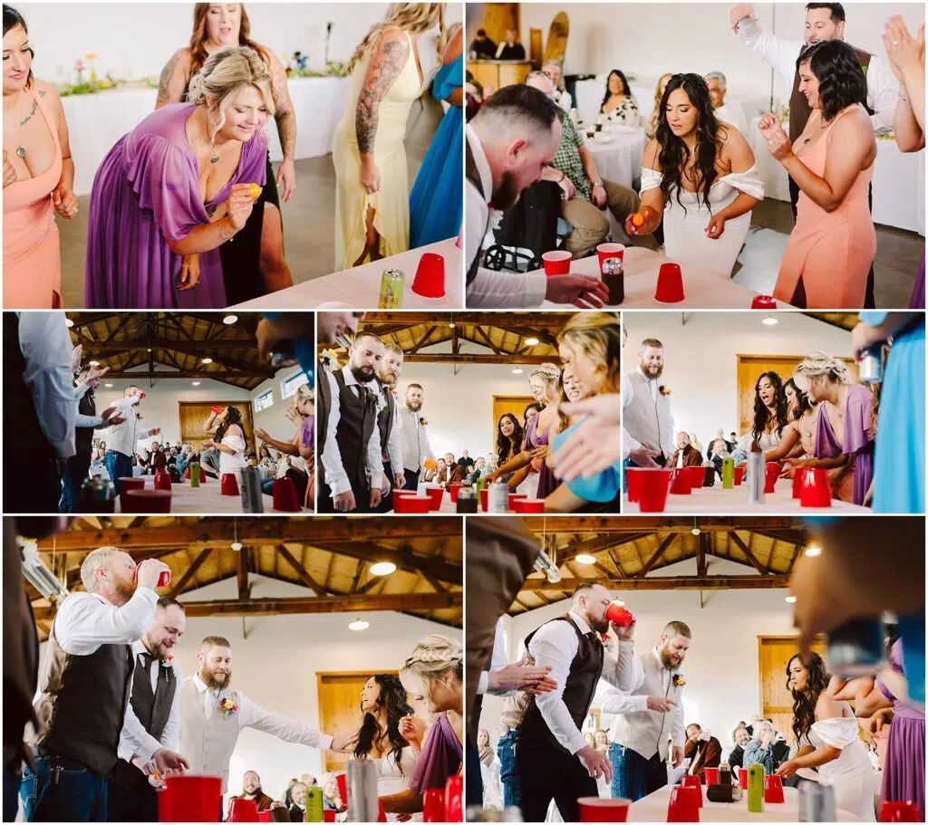 Snohomish Wedding Photographer GSquared Weddings People are enjoying a lively party game involving red cups and ping pong balls. The focus and laughter fill the air as they gather around a long table in a spacious indoor area with wooden beams, creating a festive atmosphere reminiscent of the vibrant spirit of Machias. Serving Seattle, Snohomish and Washington State