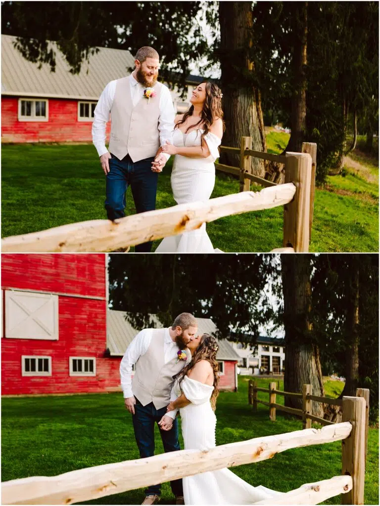 Snohomish Wedding Photographer GSquared Weddings A bride and groom in wedding attire walk hand in hand along a wooden fence near Machias with a red barn and trees in the background In the second image they share a kiss surrounded by lush greenery Serving Seattle Snohomish and Washington State Snohomish Wedding Photographer GSquared Weddings A bride and groom in wedding attire walk hand in hand along a wooden fence near Machias, with a red barn and trees in the background. In the second image, they share a kiss, surrounded by lush greenery. Serving Seattle, Snohomish and Washington State
