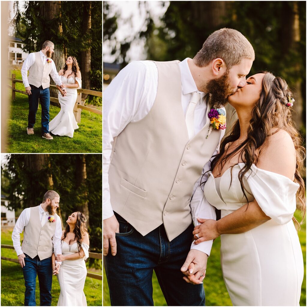 Snohomish wedding photographer gsquared weddings a couple dressed for a wedding walk hand in hand on the grassy fields of machias The groom sports a beige vest and jeans while the bride stuns in an off-shoulder white gown They share a heartfelt kiss in the main image and exchange warm smiles in the smaller snapshots Serving seattle snohomish and washington state Snohomish wedding photographer gsquared weddings a couple dressed for a wedding walk hand in hand on the grassy fields of machias The groom sports a beige vest and jeans while the bride stuns in an off shoulder white gown They share a heartfelt kiss in the main image and exchange warm smiles in the smaller snapshots Serving seattle snohomish and washington state