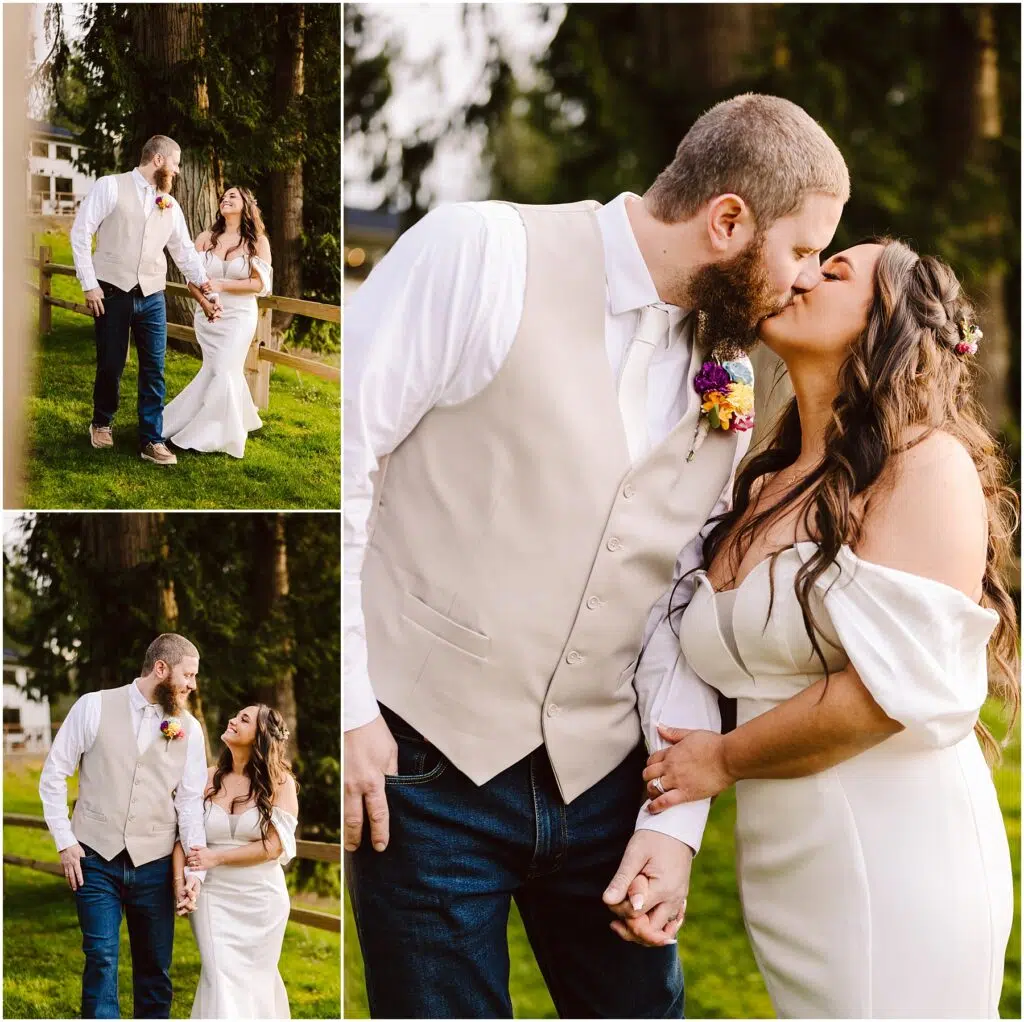 Snohomish Wedding Photographer GSquared Weddings A couple dressed for a wedding walk hand in hand on the grassy fields of Machias The groom sports a beige vest and jeans while the bride stuns in an offshoulder white gown They share a heartfelt kiss in the main image and exchange warm smiles in the smaller snapshots Serving Seattle Snohomish and Washington State Snohomish Wedding Photographer GSquared Weddings A couple, dressed for a wedding, walk hand in hand on the grassy fields of Machias. The groom sports a beige vest and jeans, while the bride stuns in an off-shoulder white gown. They share a heartfelt kiss in the main image and exchange warm smiles in the smaller snapshots. Serving Seattle, Snohomish and Washington State
