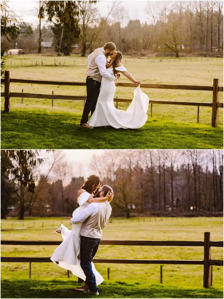 Snohomish Wedding Photographer GSquared Weddings A couple in wedding attire stands by a wooden fence in a grassy Machias field In the first image they hold hands facing each other In the second the groom lifts the bride both smiling amidst trees and open fields Serving Seattle Snohomish and Washington State Snohomish Wedding Photographer GSquared Weddings A couple in wedding attire stands by a wooden fence in a grassy Machias field. In the first image, they hold hands, facing each other. In the second, the groom lifts the bride, both smiling amidst trees and open fields. Serving Seattle, Snohomish and Washington State