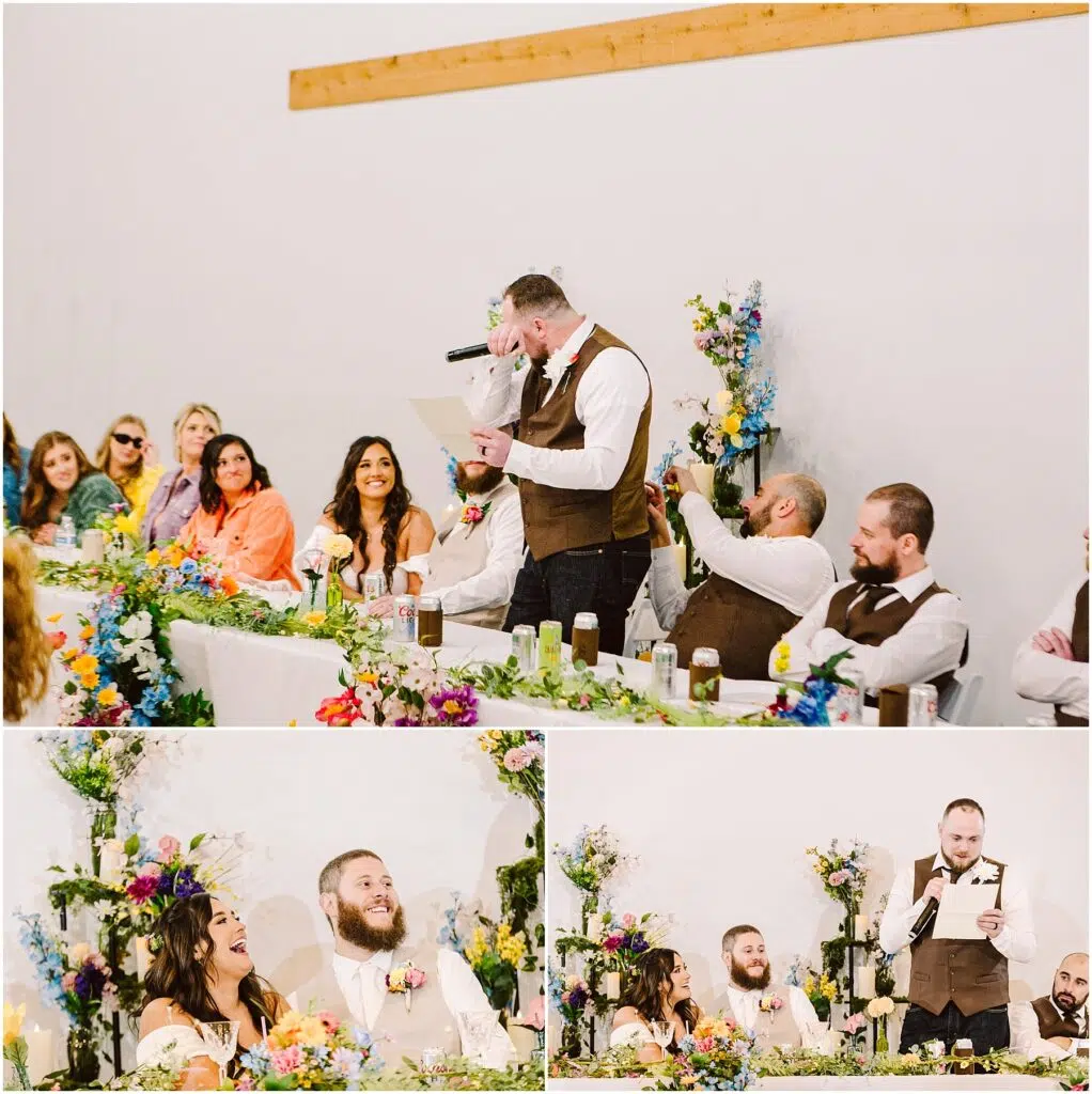 Snohomish Wedding Photographer GSquared Weddings A man in a vest reads from a paper at a festive wedding reception in Machias. A long table adorned with colorful flowers hosts cheerful guests. Nearby, two photos capture the laughing couple beside him, enhancing the joyful and celebratory mood. Serving Seattle, Snohomish and Washington State