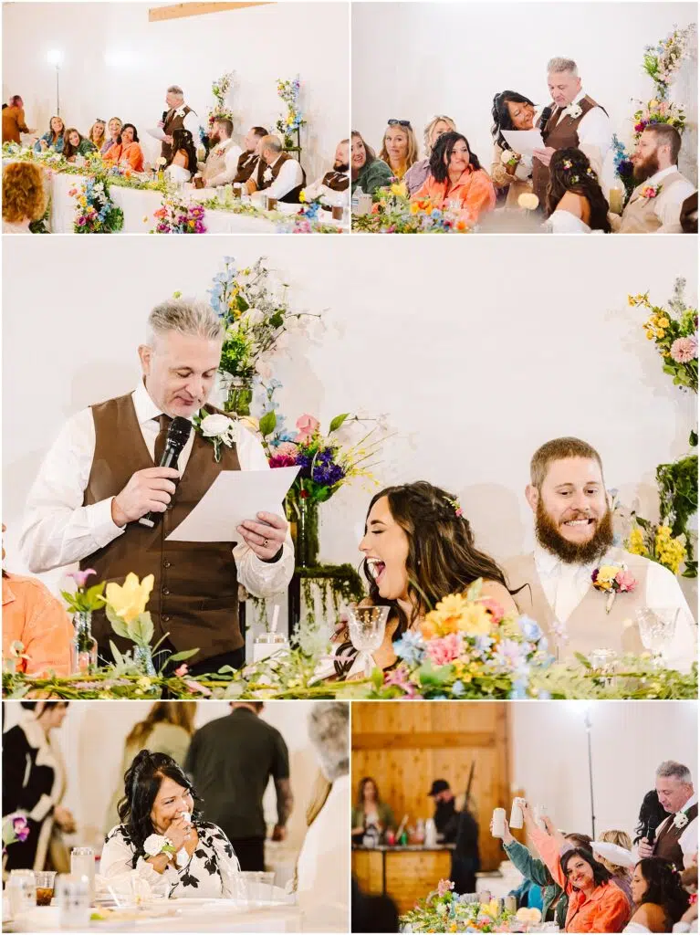 Snohomish Wedding Photographer GSquared Weddings A lively wedding scene unfolds in Machias with guests seated at tables adorned with colorful flowers A man in a vest speaks into a microphone while the couple smiles beside him The room is filled with people joyously celebrating the occasion Serving Seattle Snohomish and Washington State Snohomish Wedding Photographer GSquared Weddings A lively wedding scene unfolds in Machias, with guests seated at tables adorned with colorful flowers. A man in a vest speaks into a microphone, while the couple smiles beside him. The room is filled with people joyously celebrating the occasion. Serving Seattle, Snohomish and Washington State