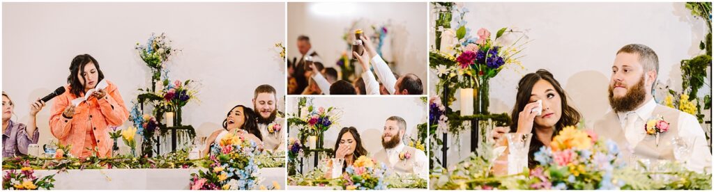 Snohomish Wedding Photographer GSquared Weddings A wedding reception scene in Machias unfolds with a couple seated at a decorated table. The woman wipes her eye as the man smiles, surrounded by colorful floral arrangements. Guests in adjacent images raise glasses, capturing memories with a phone—a perfect blend of joy and celebration. Serving Seattle, Snohomish and Washington State