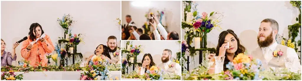 Snohomish Wedding Photographer GSquared Weddings A wedding reception scene in Machias unfolds with a couple seated at a decorated table. The woman wipes her eye as the man smiles, surrounded by colorful floral arrangements. Guests in adjacent images raise glasses, capturing memories with a phone—a perfect blend of joy and celebration. Serving Seattle, Snohomish and Washington State