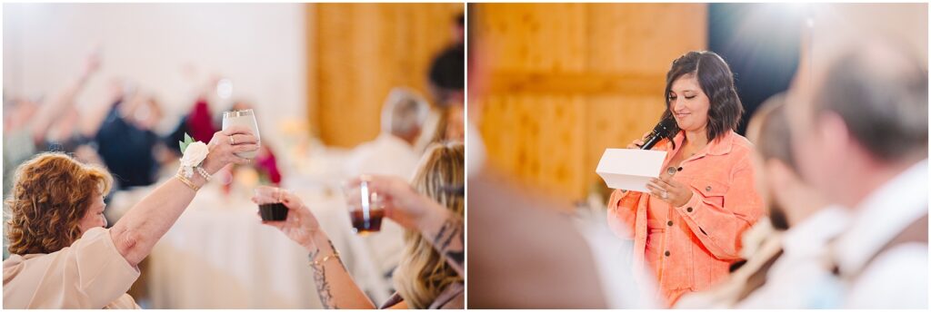 Snohomish Wedding Photographer GSquared Weddings Two images: On the left, a lively gathering in Machias where people raise glasses in a toast. On the right, a person in a peach jacket speaks into a microphone, holding a piece of paper, likely giving an inspiring speech. Serving Seattle, Snohomish and Washington State