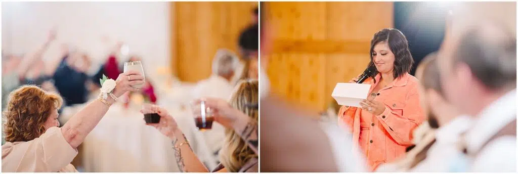 Snohomish Wedding Photographer GSquared Weddings Two images: On the left, a lively gathering in Machias where people raise glasses in a toast. On the right, a person in a peach jacket speaks into a microphone, holding a piece of paper, likely giving an inspiring speech. Serving Seattle, Snohomish and Washington State