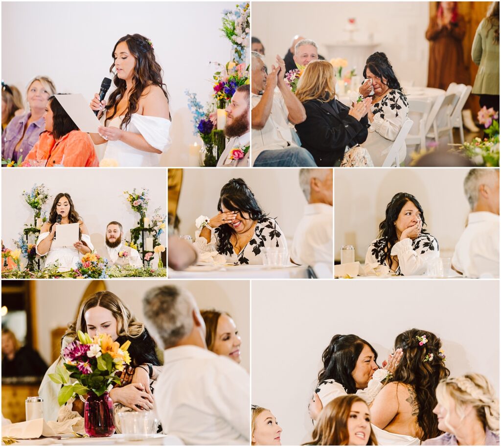 Snohomish Wedding Photographer GSquared Weddings A collage captures a woman in a white dress giving a speech at the Machias event. Shes holding a microphone and reading from paper, as guests listen and interact. Flowers decorate the scene, while emotional moments and embraces are shared among attendees. Serving Seattle, Snohomish and Washington State