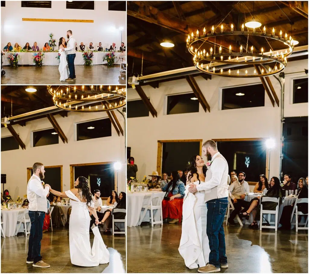 Snohomish Wedding Photographer GSquared Weddings In a warmly lit rustic venue inspired by Machiass charm, a bride and groom dance beneath a grand circular chandelier. Guests seated at tables watch as the bride twirls in her white dress, while the groom adds a touch of casual elegance in his shirt and jeans. Serving Seattle, Snohomish and Washington State