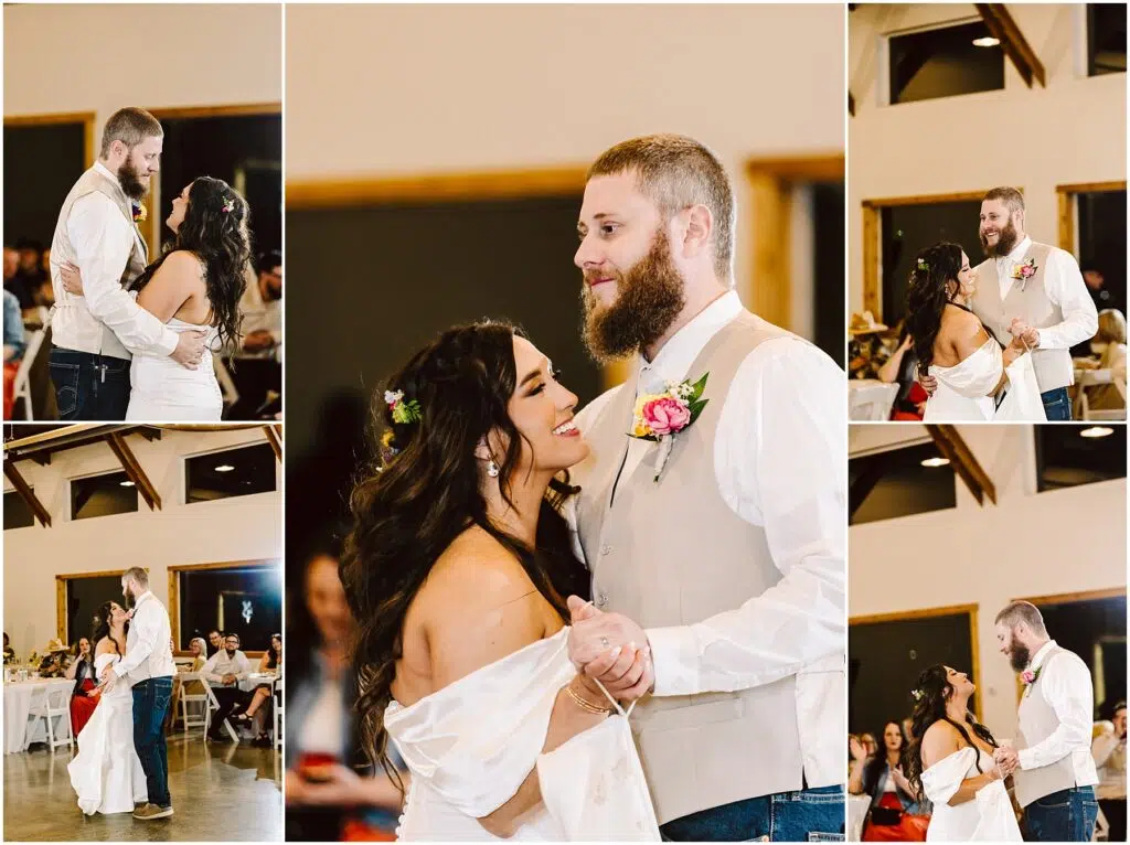 Snohomish Wedding Photographer GSquared Weddings At their wedding reception in Machias, a bride and groom share a joyful first dance. The bride, adorned with flowers in her hair and wearing an off-shoulder dress, twirls with her groom, who sports a beige vest and jeans. Guests watch and smile warmly in the background. Serving Seattle, Snohomish and Washington State