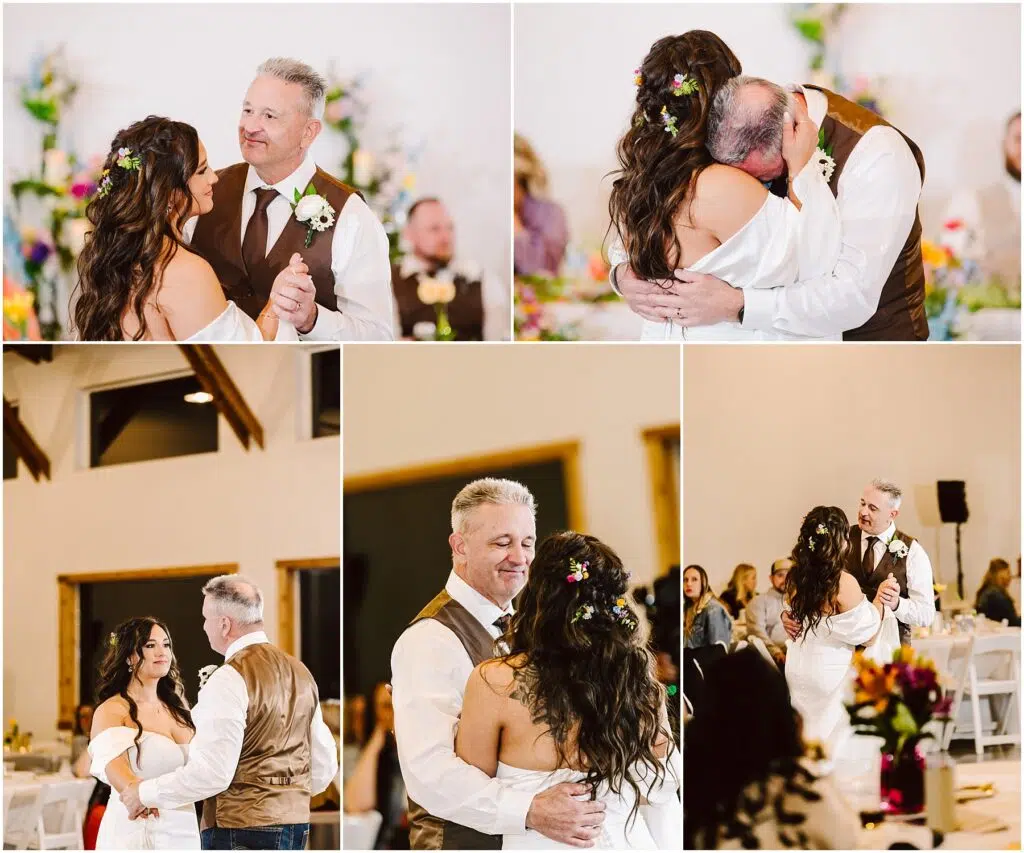 Snohomish Wedding Photographer GSquared Weddings In Machias, a bride and groom twirl gracefully at their wedding. The brides white dress and flower-adorned hair complement the grooms vest with a boutonniere. Theyre enveloped by joyful guests in the enchanting reception hall. Serving Seattle, Snohomish and Washington State