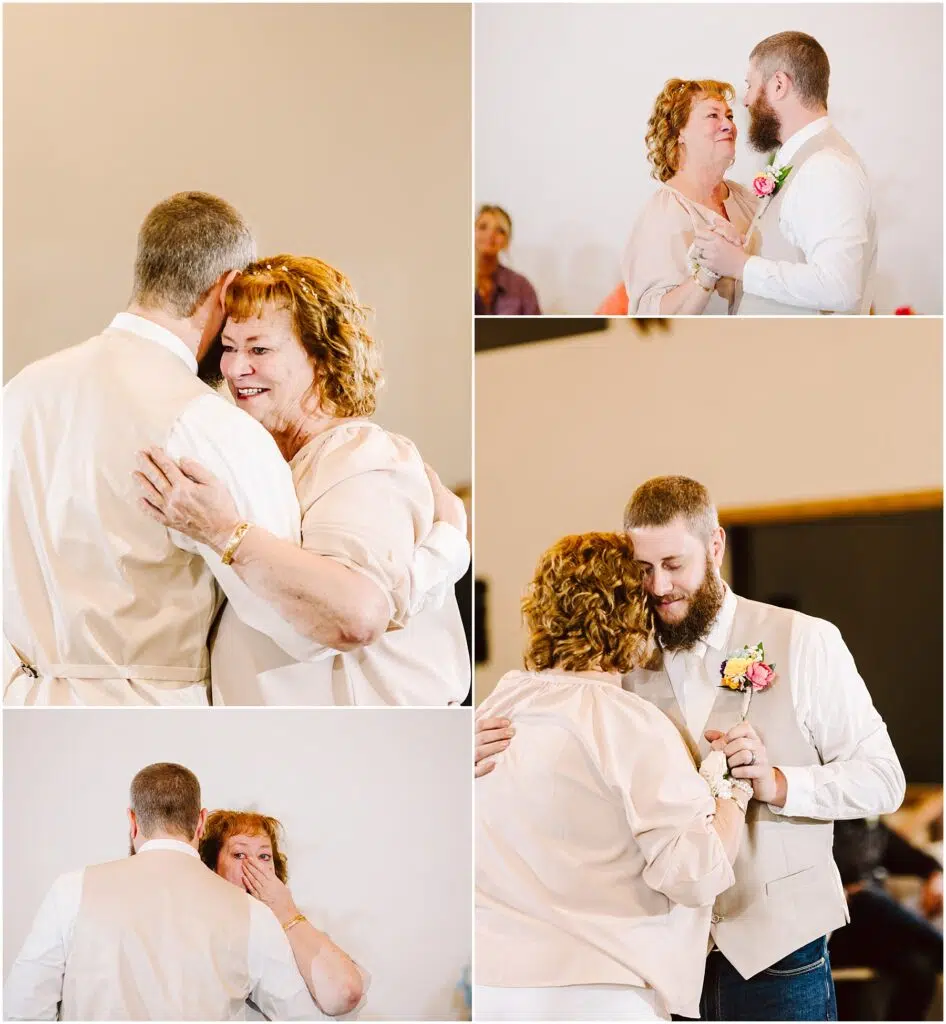 Snohomish Wedding Photographer GSquared Weddings A collage of a mother-son dance at a wedding in Machias. The son, wearing a vest, embraces his curly-haired mother. They share smiles and a close moment amid the simple decor. Serving Seattle, Snohomish and Washington State
