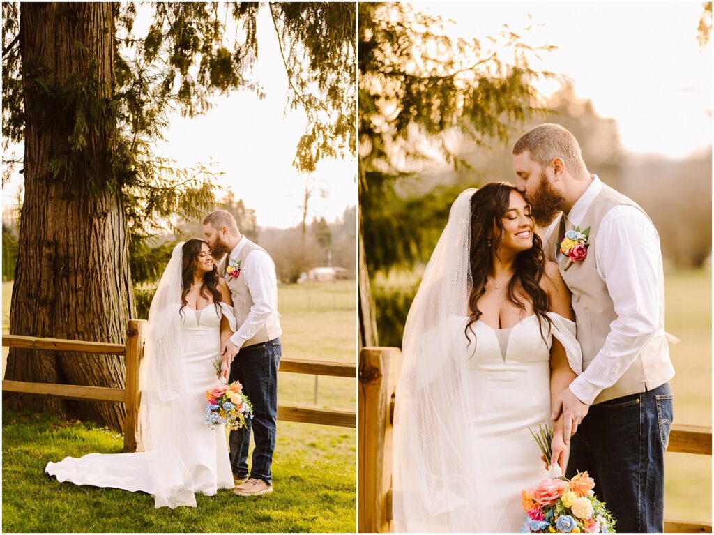 Snohomish wedding photographer gsquared weddings a bride and groom stand outdoors by a wooden fence in machias surrounded by greenery The bride wears a white dress and holds a vibrant bouquet The groom in a vest and jeans gently kisses her forehead They both look content and happy Serving seattle snohomish and washington state Snohomish wedding photographer gsquared weddings a bride and groom stand outdoors by a wooden fence in machias surrounded by greenery The bride wears a white dress and holds a vibrant bouquet The groom in a vest and jeans gently kisses her forehead They both look content and happy Serving seattle snohomish and washington state