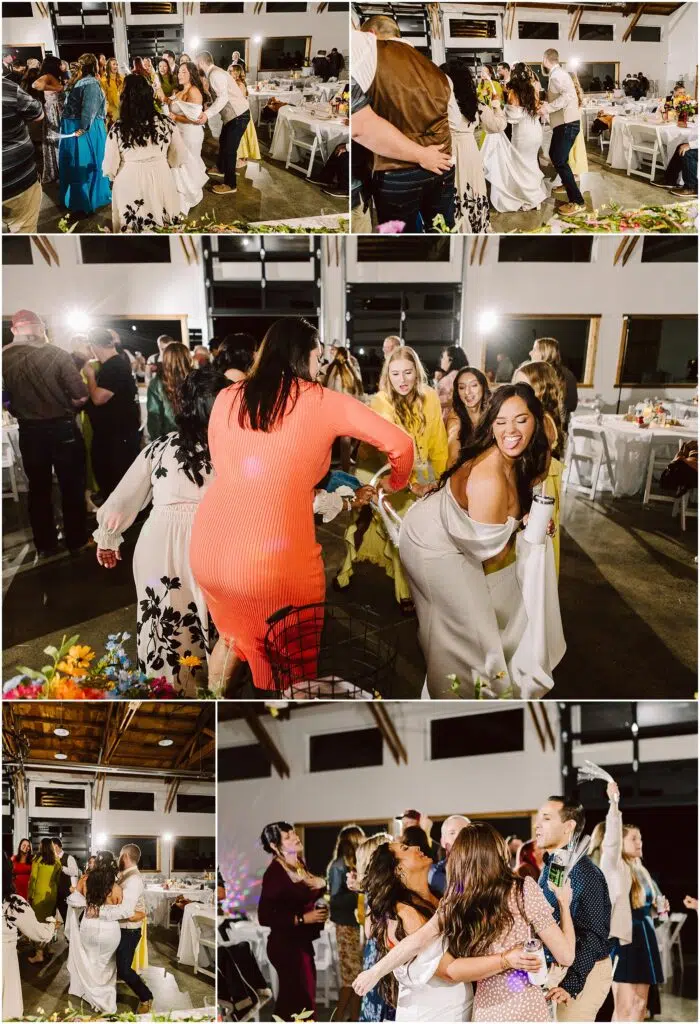 Snohomish Wedding Photographer GSquared Weddings A lively indoor wedding reception in Machias unfolds with guests dancing joyfully. Attendees of all ages don colorful formal attire, while beautifully decorated tables add to the festive atmosphere in the background. Serving Seattle, Snohomish and Washington State