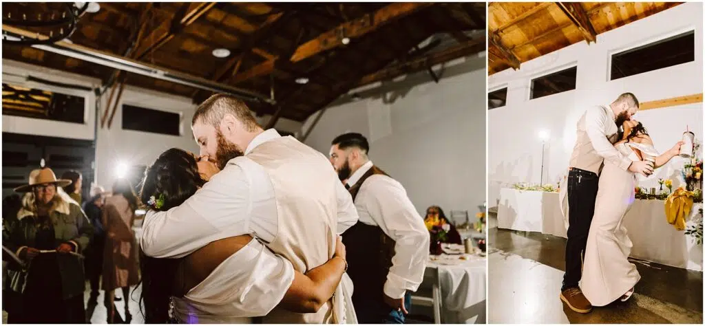 Snohomish Wedding Photographer GSquared Weddings In a warmly lit venue reminiscent of Machias charm, a newlywed couple shares a dance beneath wooden ceilings. The groom is in a beige vest and the bride in a white gown. Guests watch, some taking photos, capturing the joy and closeness of the moment. Serving Seattle, Snohomish and Washington State