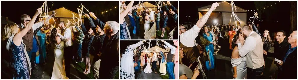 Snohomish Wedding Photographer GSquared Weddings At the enchanting Machias wedding celebration, guests gathered under a starlit sky. The bride and groom walked through an arch of ribbon wands held aloft by loved ones. String lights cast a warm glow, enhancing the festive atmosphere as the couple shared a romantic kiss. Serving Seattle, Snohomish and Washington State