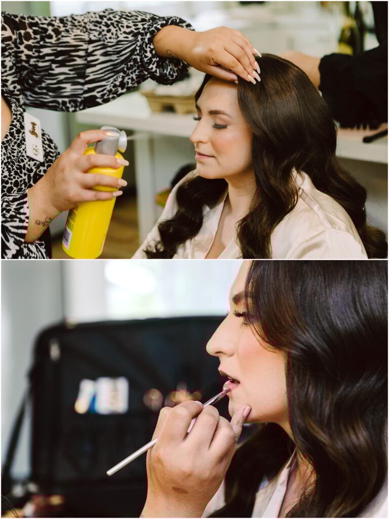 Snohomish Wedding Photographer GSquared Weddings Two images: The top shows a hair stylist in Port Gamble applying spray to a womans long, wavy hair for a summer wedding. The bottom captures the woman having pink lip makeup applied with a brush. She is wearing a white robe in both images. Serving Seattle, Snohomish and Washington State