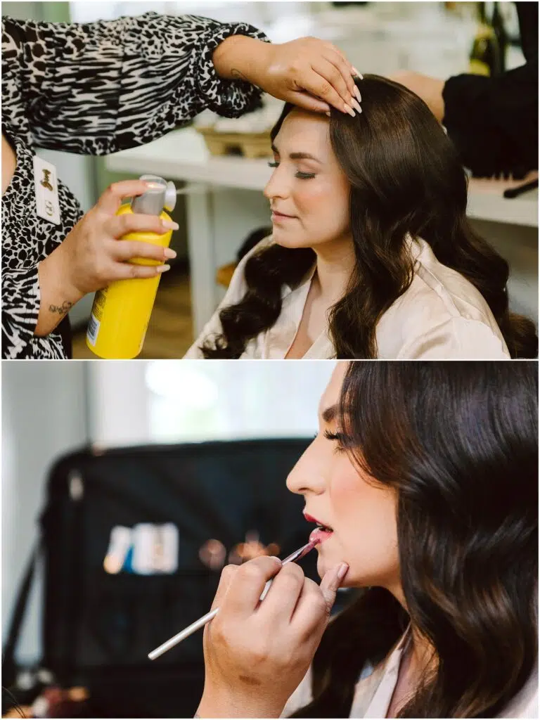 Snohomish Wedding Photographer GSquared Weddings Two images: The top shows a hair stylist in Port Gamble applying spray to a womans long, wavy hair for a summer wedding. The bottom captures the woman having pink lip makeup applied with a brush. She is wearing a white robe in both images. Serving Seattle, Snohomish and Washington State