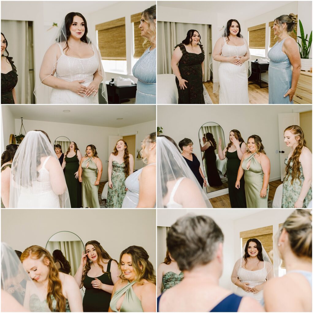 Snohomish wedding photographer gsquared weddings at a summer wedding in port gamble a bride in a white dress surrounded by three women in green dresses and one in a dark dress shares joyful moments In a well-lit room with mirrors and large windows they smile and celebrate together Serving seattle snohomish and washington state Snohomish wedding photographer gsquared weddings at a summer wedding in port gamble a bride in a white dress surrounded by three women in green dresses and one in a dark dress shares joyful moments In a well lit room with mirrors and large windows they smile and celebrate together Serving seattle snohomish and washington state