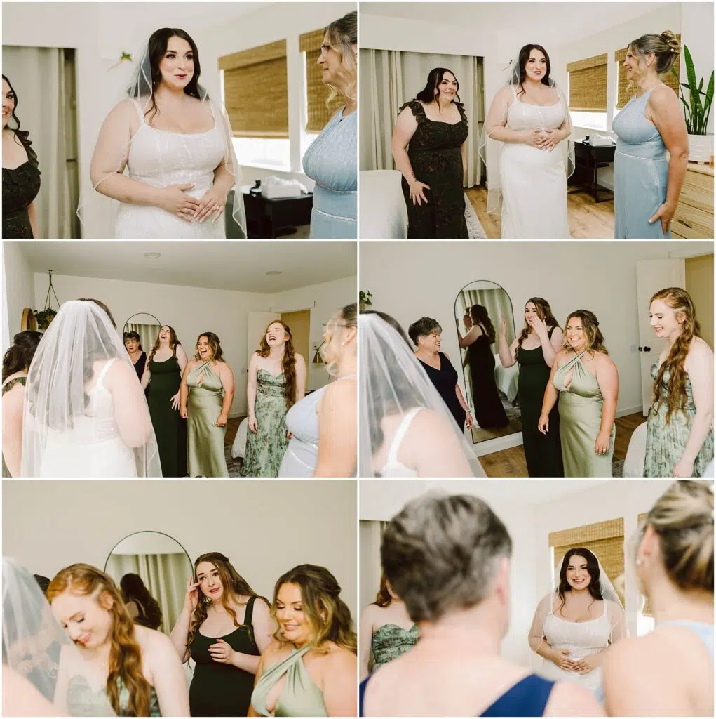 Snohomish Wedding Photographer GSquared Weddings At a summer wedding in Port Gamble a bride in a white dress surrounded by three women in green dresses and one in a dark dress shares joyful moments In a welllit room with mirrors and large windows they smile and celebrate together Serving Seattle Snohomish and Washington State Snohomish Wedding Photographer GSquared Weddings At a summer wedding in Port Gamble, a bride in a white dress, surrounded by three women in green dresses and one in a dark dress, shares joyful moments. In a well-lit room with mirrors and large windows, they smile and celebrate together. Serving Seattle, Snohomish and Washington State