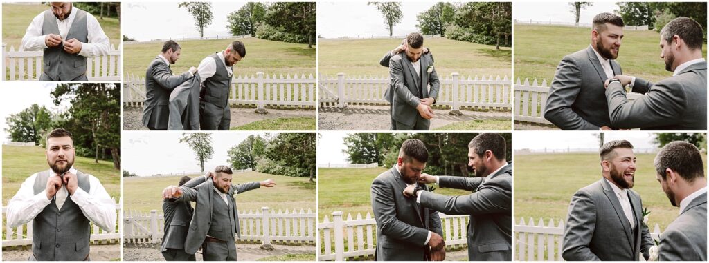 Snohomish wedding photographer gsquared weddings a series of photos shows two men outside in a grassy area near a white fence At what seems to be a summer wedding in port gamble one man helps the other with his gray suit adjusting the jacket and fixing the tie They focus before smiling and laughing together Serving seattle snohomish and washington state Snohomish wedding photographer gsquared weddings a series of photos shows two men outside in a grassy area near a white fence At what seems to be a summer wedding in port gamble one man helps the other with his gray suit adjusting the jacket and fixing the tie They focus before smiling and laughing together Serving seattle snohomish and washington state