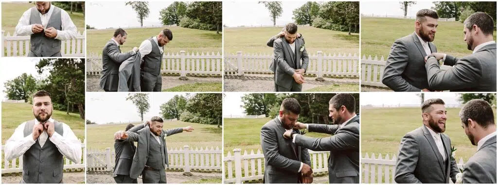 Snohomish Wedding Photographer GSquared Weddings A series of photos shows two men outside in a grassy area near a white fence At what seems to be a Summer Wedding in Port Gamble one man helps the other with his gray suit adjusting the jacket and fixing the tie They focus before smiling and laughing together Serving Seattle Snohomish and Washington State Snohomish Wedding Photographer GSquared Weddings A series of photos shows two men outside in a grassy area near a white fence. At what seems to be a Summer Wedding in Port Gamble, one man helps the other with his gray suit, adjusting the jacket and fixing the tie. They focus before smiling and laughing together. Serving Seattle, Snohomish and Washington State