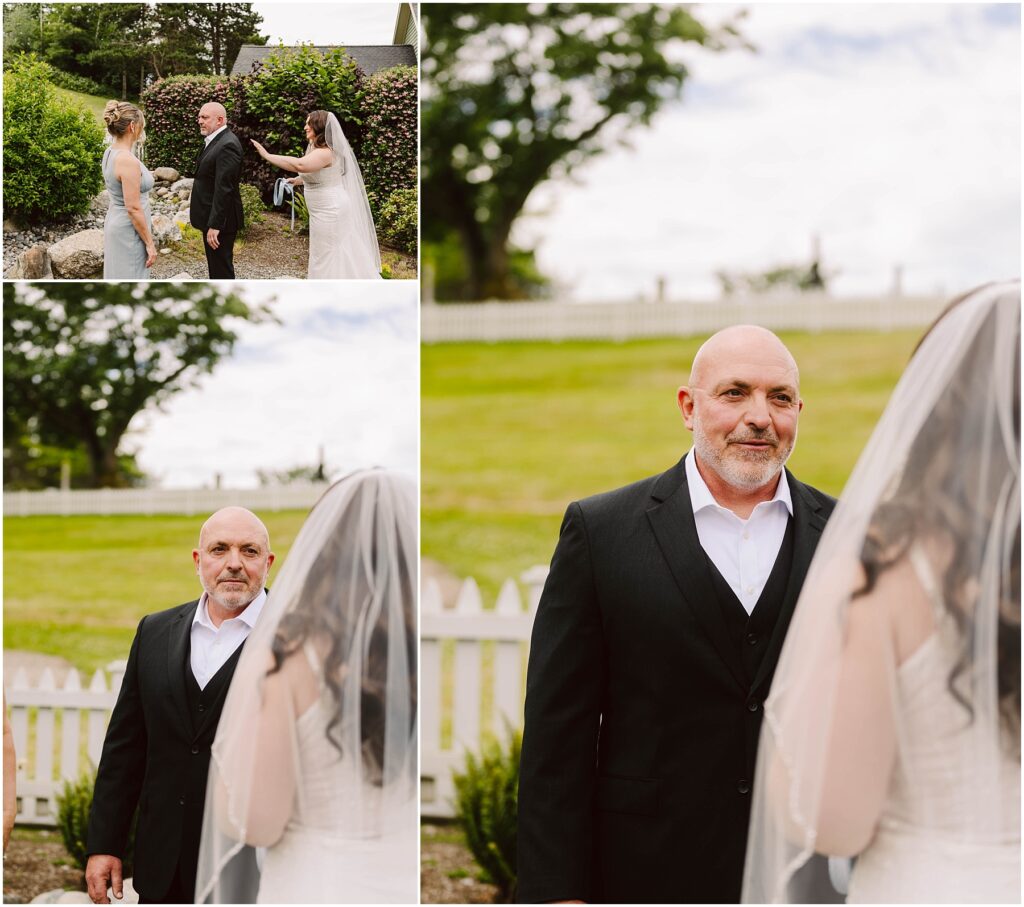 Snohomish wedding photographer gsquared weddings in a picturesque garden at port gamble a bride in a white dress and veil meets a bald man in a black suit They seem emotional and happy amidst the summer wedding setting framed by lush greenery and a classic white picket fence Serving seattle snohomish and washington state Snohomish wedding photographer gsquared weddings in a picturesque garden at port gamble a bride in a white dress and veil meets a bald man in a black suit They seem emotional and happy amidst the summer wedding setting framed by lush greenery and a classic white picket fence Serving seattle snohomish and washington state