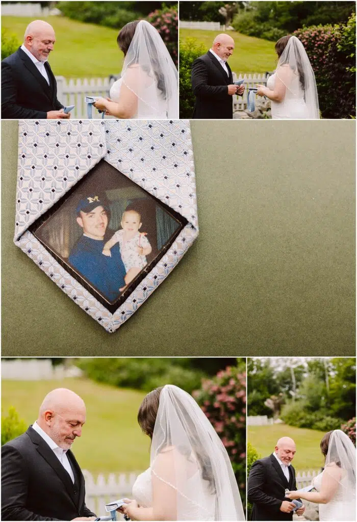 Snohomish Wedding Photographer GSquared Weddings At a charming Port Gamble summer wedding a bride and groom exchange vows outdoors The bride clutches a handkerchief while the groom holds a box A tie featuring a photo of an adult and baby is displayed as they stand by a white fence and garden framed by lush trees Serving Seattle Snohomish and Washington State Snohomish Wedding Photographer GSquared Weddings At a charming Port Gamble summer wedding, a bride and groom exchange vows outdoors. The bride clutches a handkerchief while the groom holds a box. A tie featuring a photo of an adult and baby is displayed as they stand by a white fence and garden, framed by lush trees. Serving Seattle, Snohomish and Washington State