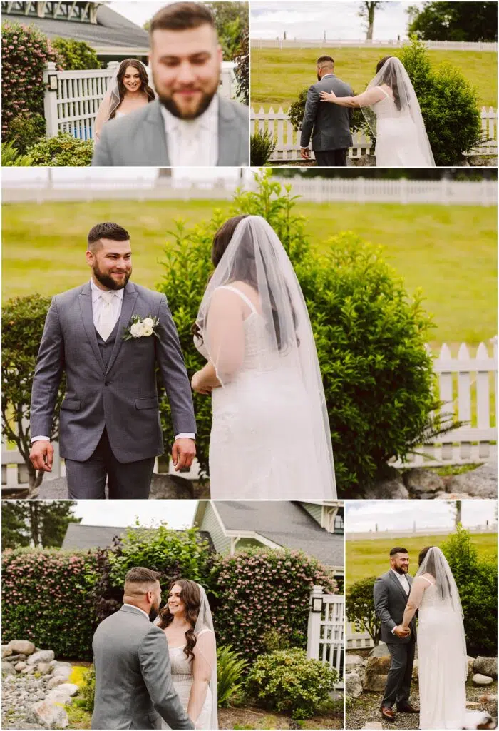 Snohomish Wedding Photographer GSquared Weddings In the charming garden of Port Gamble a bride and groom share their first look during their summer wedding The groom in a gray suit and white shirt gazes at his radiant bride in her white gown and veil by the white picket fence surrounded by lush greenery and joyful expressions Serving Seattle Snohomish and Washington State Snohomish Wedding Photographer GSquared Weddings In the charming garden of Port Gamble, a bride and groom share their first look during their summer wedding. The groom, in a gray suit and white shirt, gazes at his radiant bride in her white gown and veil by the white picket fence, surrounded by lush greenery and joyful expressions. Serving Seattle, Snohomish and Washington State