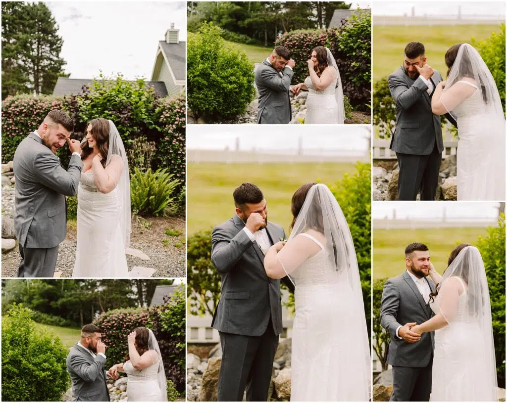 Snohomish Wedding Photographer GSquared Weddings During their Port Gamble summer wedding a bride and groom share an emotional moment outdoors The groom wipes his tears while the bride in a white dress and veil consoles him They hold hands and smile amid lush garden trees and bushes Serving Seattle Snohomish and Washington State Snohomish Wedding Photographer GSquared Weddings During their Port Gamble summer wedding, a bride and groom share an emotional moment outdoors. The groom wipes his tears while the bride, in a white dress and veil, consoles him. They hold hands and smile amid lush garden trees and bushes. Serving Seattle, Snohomish and Washington State